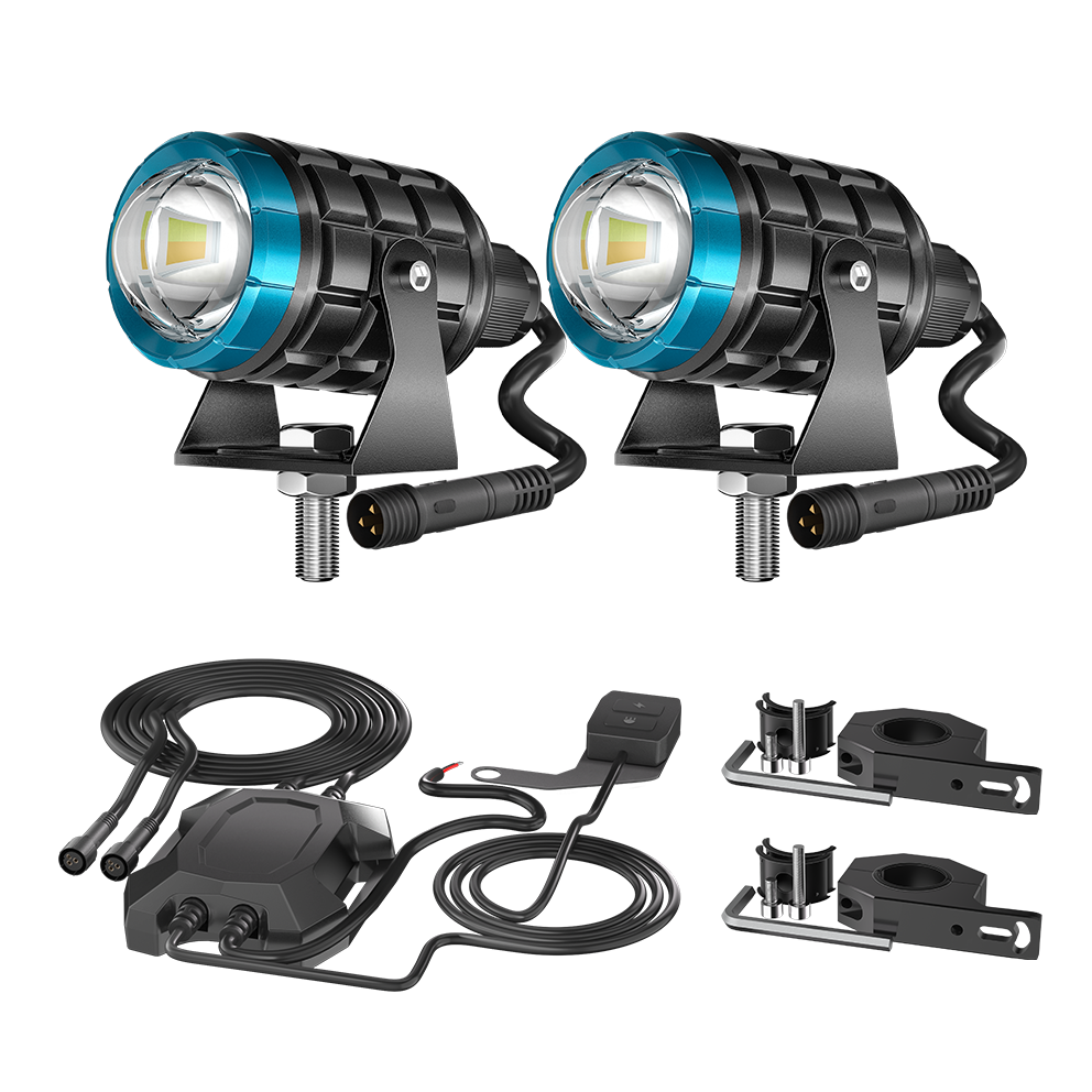 2-Inch Cylindrical Motorcycle Auxiliary Light Kit Motorcycle auxiliary light kit with cylindrical spot projectors and tube-mount brackets