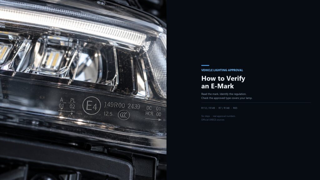 Vehicle headlamp lens showing a circled E4 and accompanying approval and function markings.